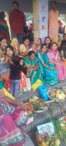 Chhath fasting women engaged in offering Arghya to the setting sun