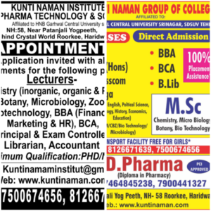 Vacancy in kunti Naman institute of Pharma technology and Science Haridwar